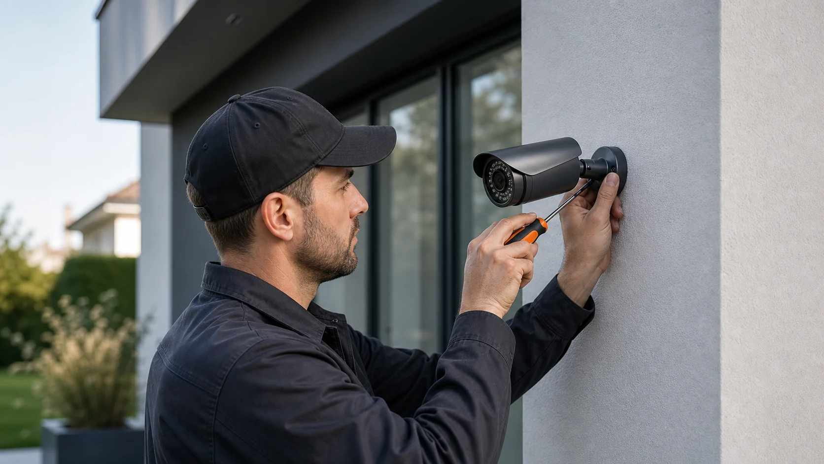 Tecnico specializzato durante installazione di telecamere e sistemi di sicurezza